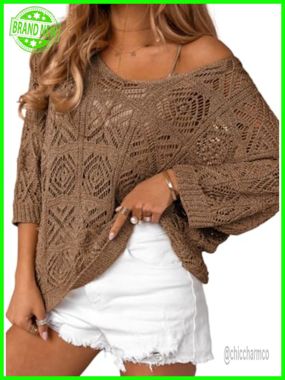 Crochet Hollow Out 3/4 Sleeve Pullover Sweater Off Shoulder Top